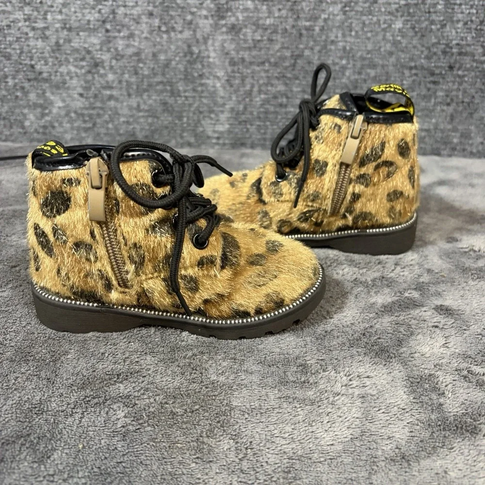 Unbranded Leopard Faux Fur Boots Toddler 7 7.5 Brown Punk Grunge Lace Up EU 23